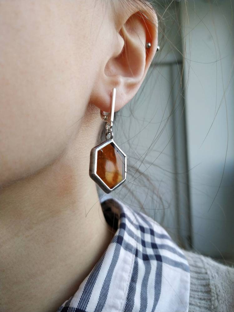 Honeycomb Dangle Earrings: Raw Amber, Stained Glass, Silver Hex Jewelry