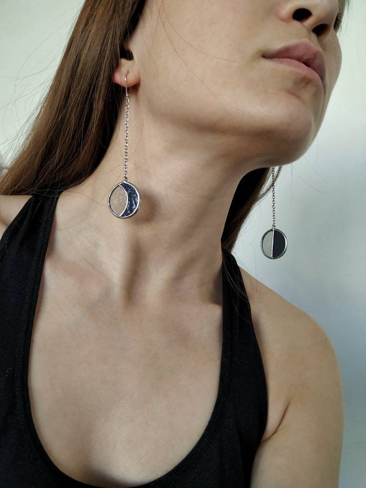 Long chain stained glass earrings in sun and moon design silver finish