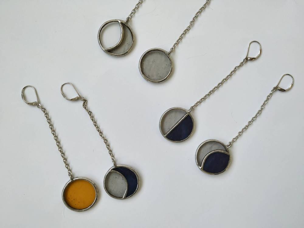 Asymmetric Moon Phase Dangle Earrings: Sterling Silver, Stained Glass