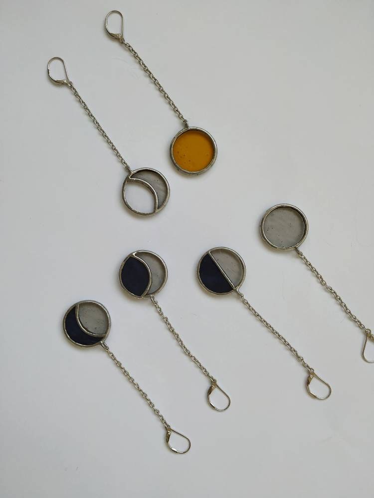 Asymmetric Moon Phase Dangle Earrings: Sterling Silver, Stained Glass
