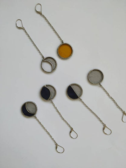 Asymmetric Moon Phase Dangle Earrings: Sterling Silver, Stained Glass