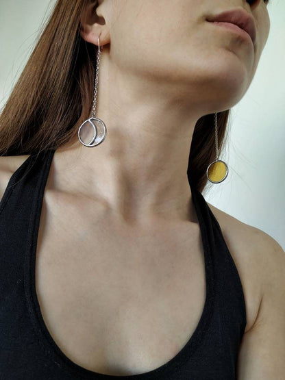 Asymmetric Moon Phase Dangle Earrings: Sterling Silver, Stained Glass
