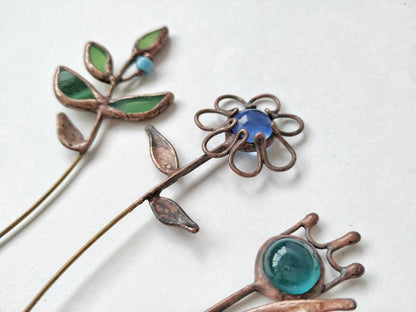 Stained Glass Flower Pin: Copper Wire Wrapped Brooch