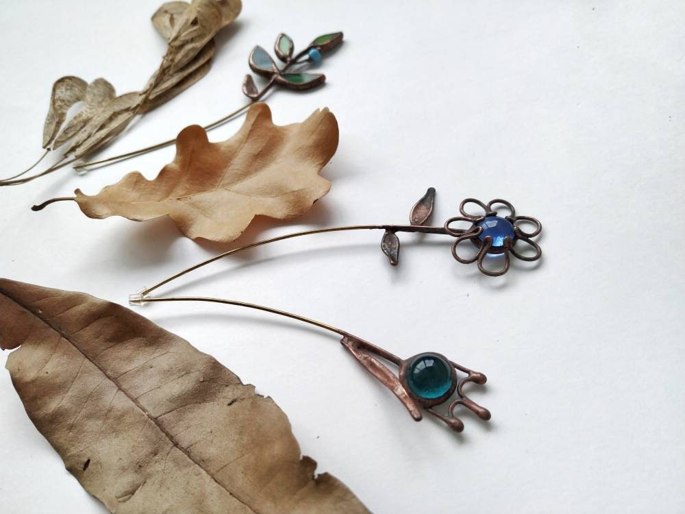 Stained Glass Flower Pin: Copper Wire Wrapped Brooch