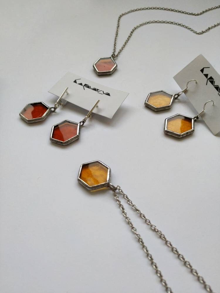 Honeycomb Dangle Earrings: Raw Amber, Stained Glass, Silver Hex Jewelry