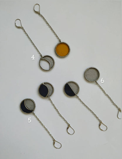 Asymmetric Moon Phase Dangle Earrings: Sterling Silver, Stained Glass