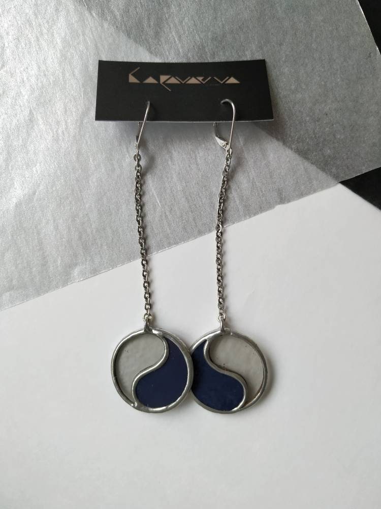 Handmade Yin Yang stained glass earrings on chain