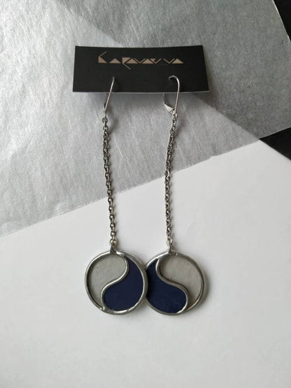 Handmade Yin Yang stained glass earrings on chain