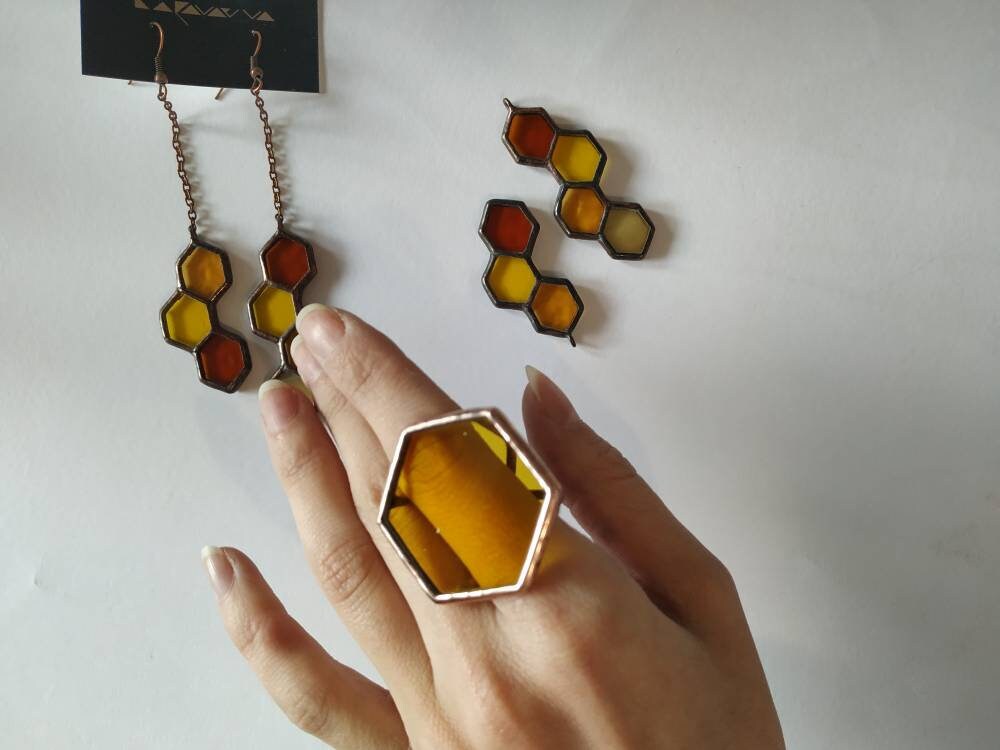 Stained Glass Honeycomb Ring: Geometric Pentagon Statement Jewelry