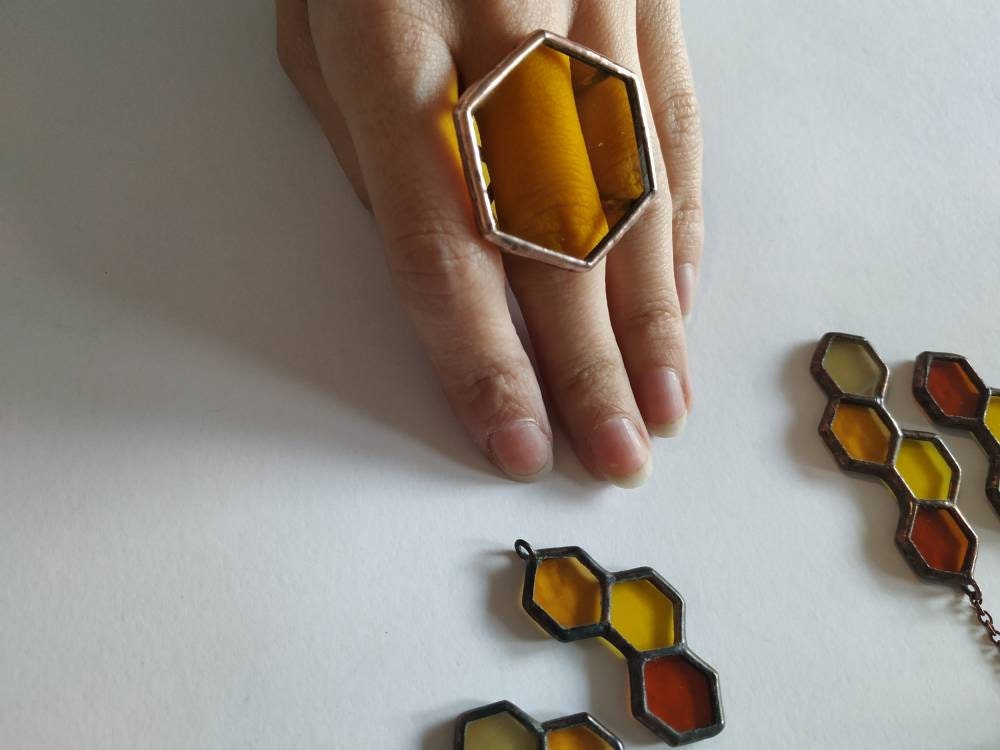 Stained Glass Honeycomb Ring: Geometric Pentagon Statement Jewelry