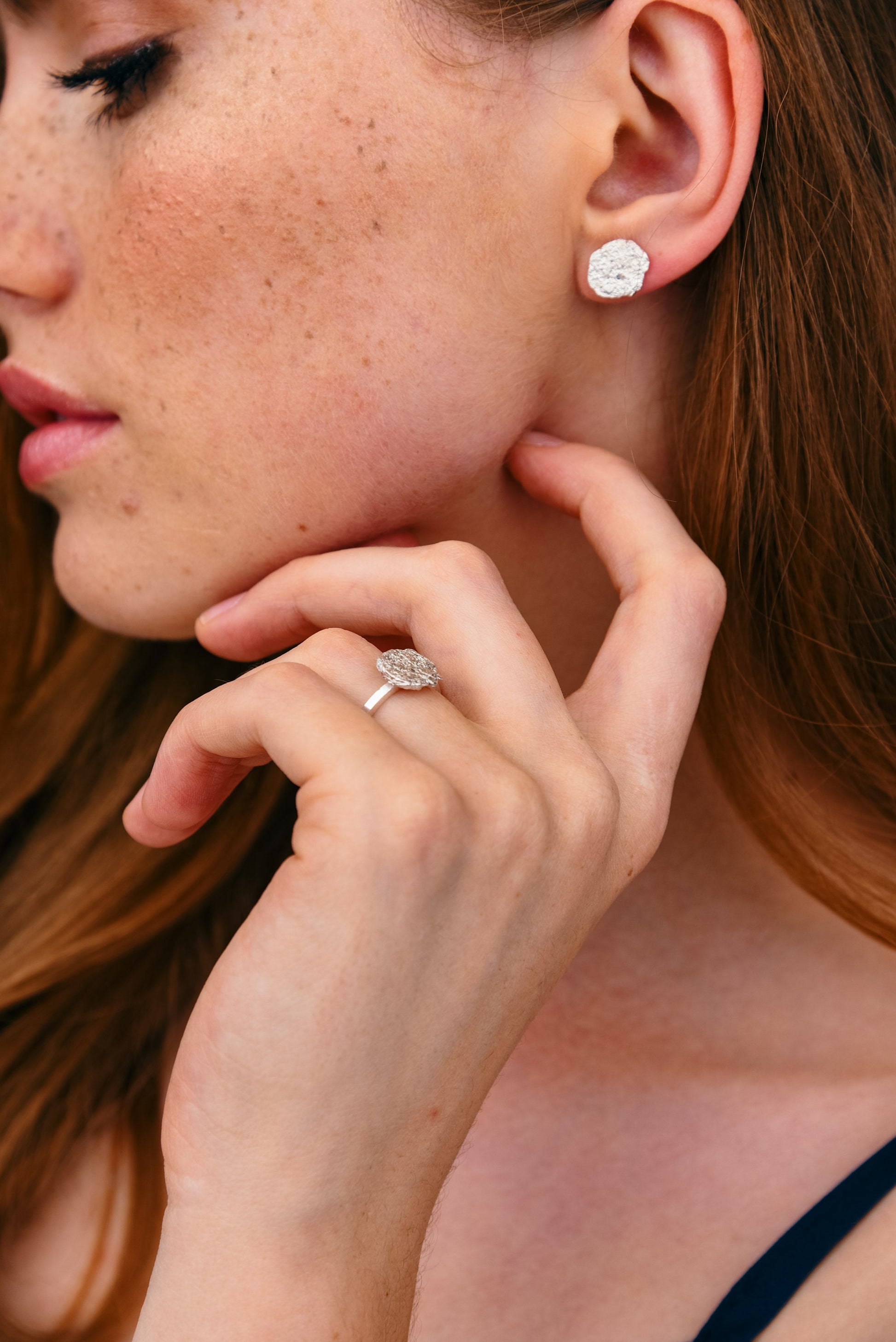 Sterling silver disk ring side view, handmade modern ring