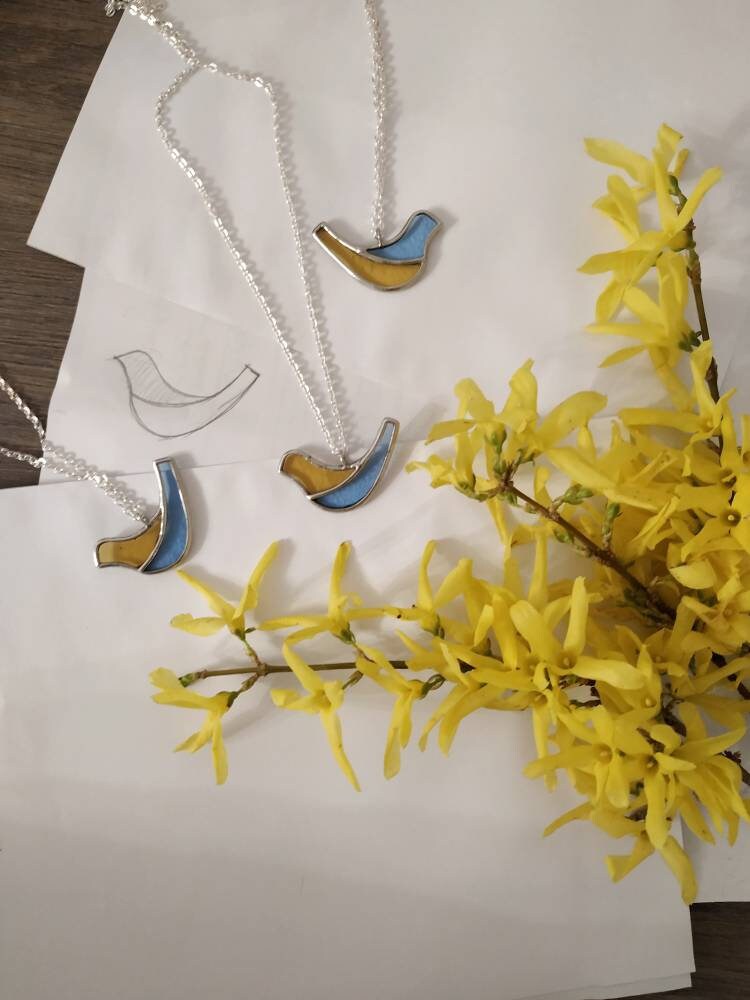 Stained Glass Bird Necklace: Handmade Blue & Yellow Dove Pendant