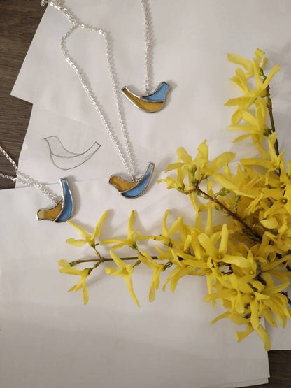 Stained Glass Bird Necklace: Handmade Blue & Yellow Dove Pendant