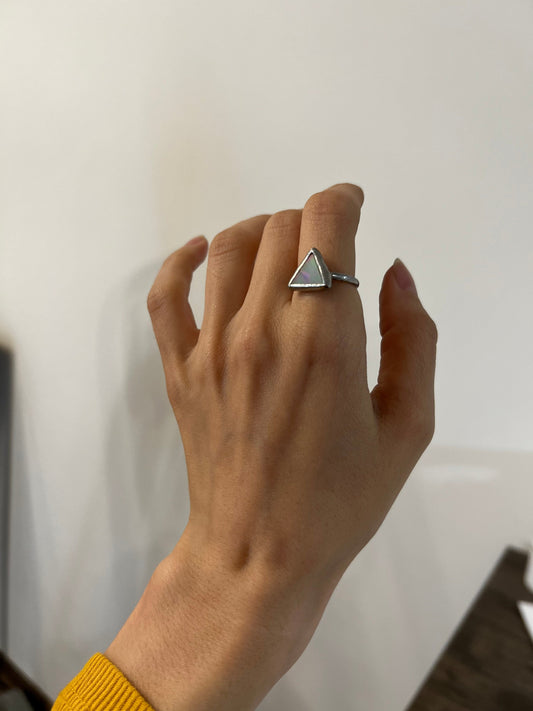 Handmade stained glass ring with small white iridescent triangle. Minimalist ring elegant women gift.Unique stained glass little triangle ring on hand
