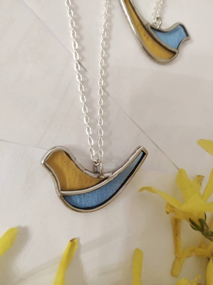 Stained Glass Bird Necklace: Handmade Blue & Yellow Dove Pendant