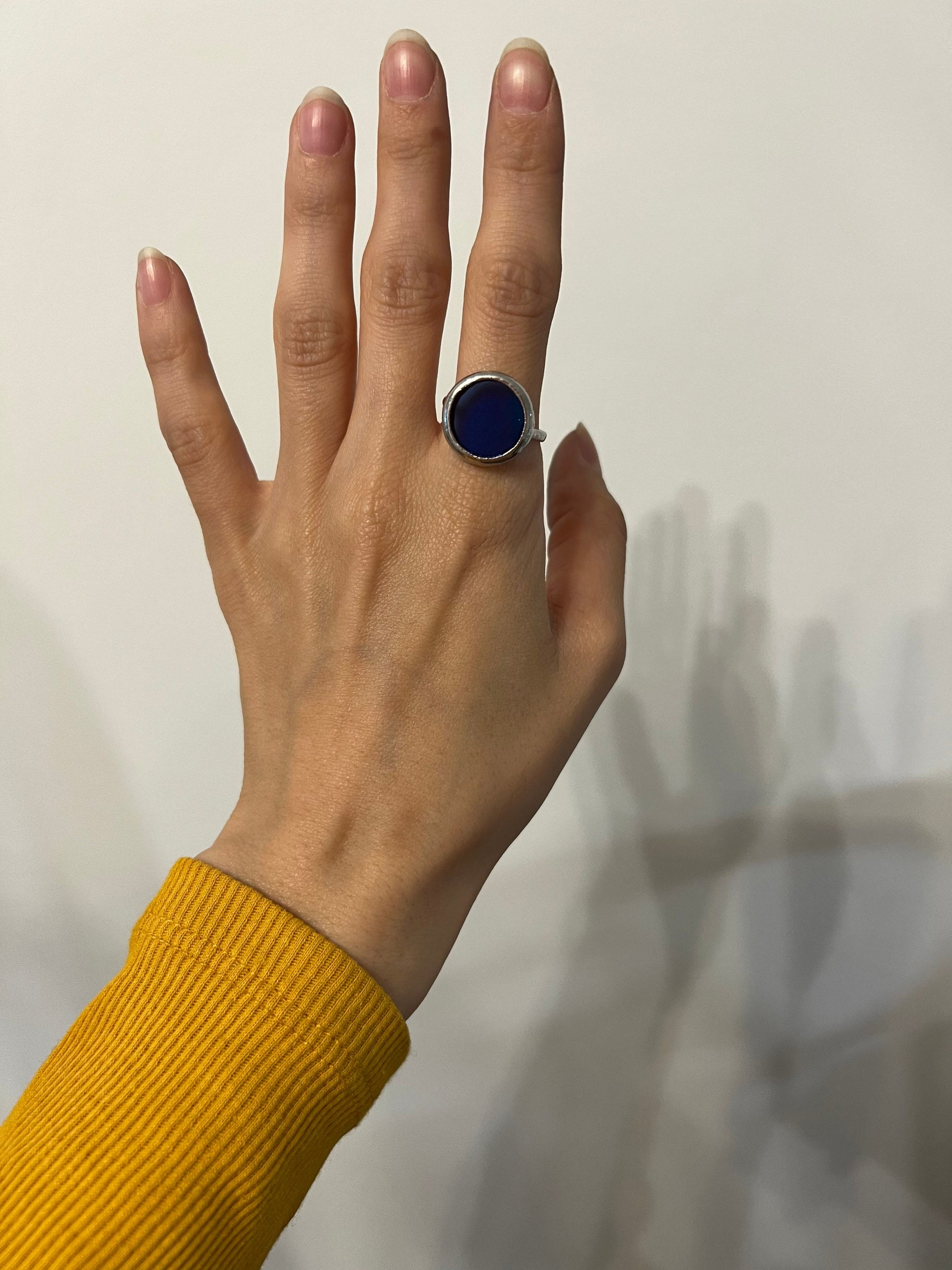 Transparent blue stained glass statement ring handmade in disc shape