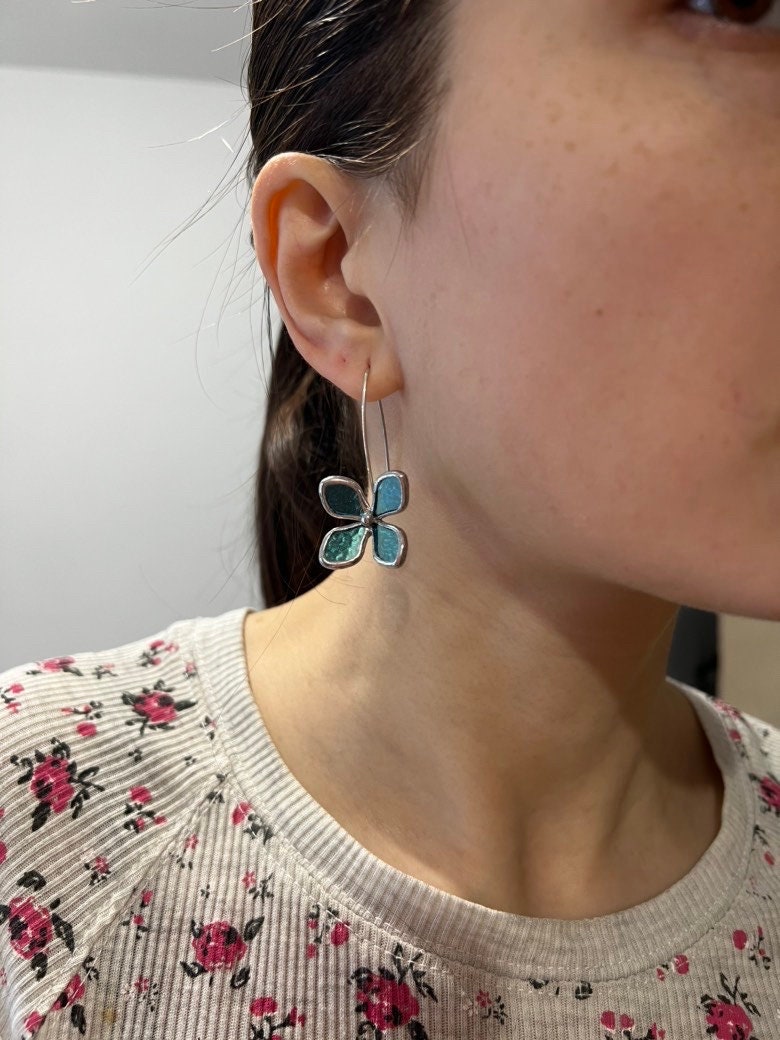 Long drop floral earrings inspired by hydrangea flowers