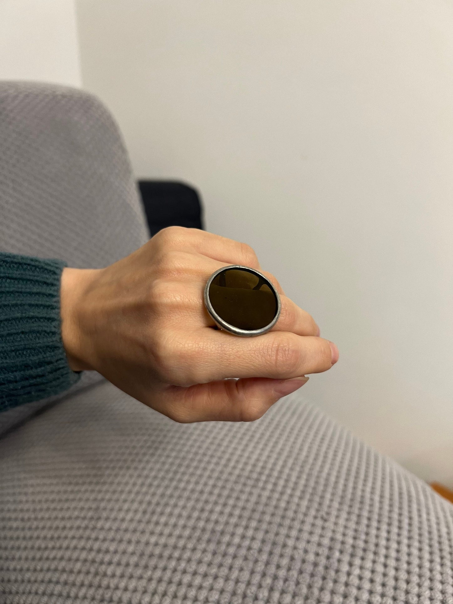 Khaki Green Disc Ring: Chunky See-Through Statement Ring