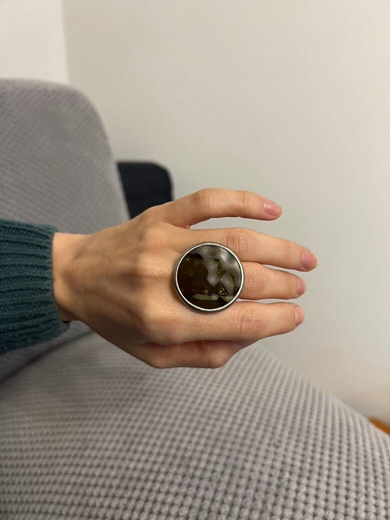 Khaki Green Disc Ring: Chunky See-Through Statement Ring
