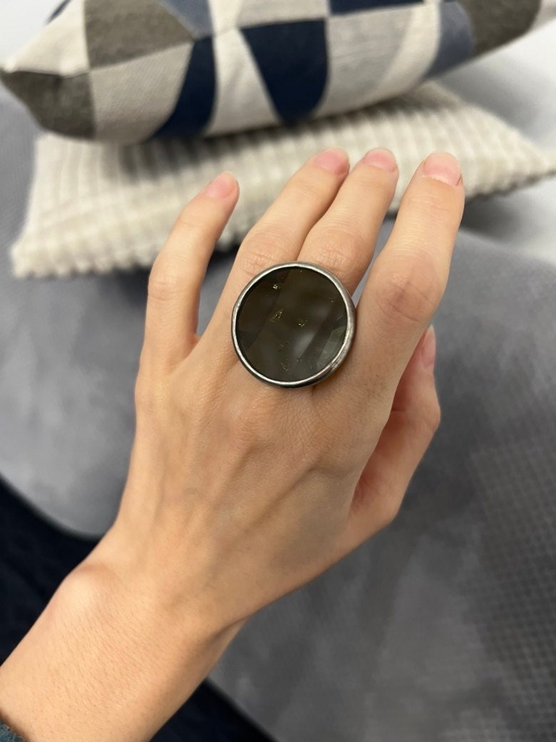 Khaki Green Disc Ring: Chunky See-Through Statement Ring