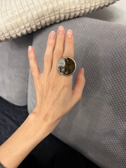 Khaki Green Disc Ring: Chunky See-Through Statement Ring