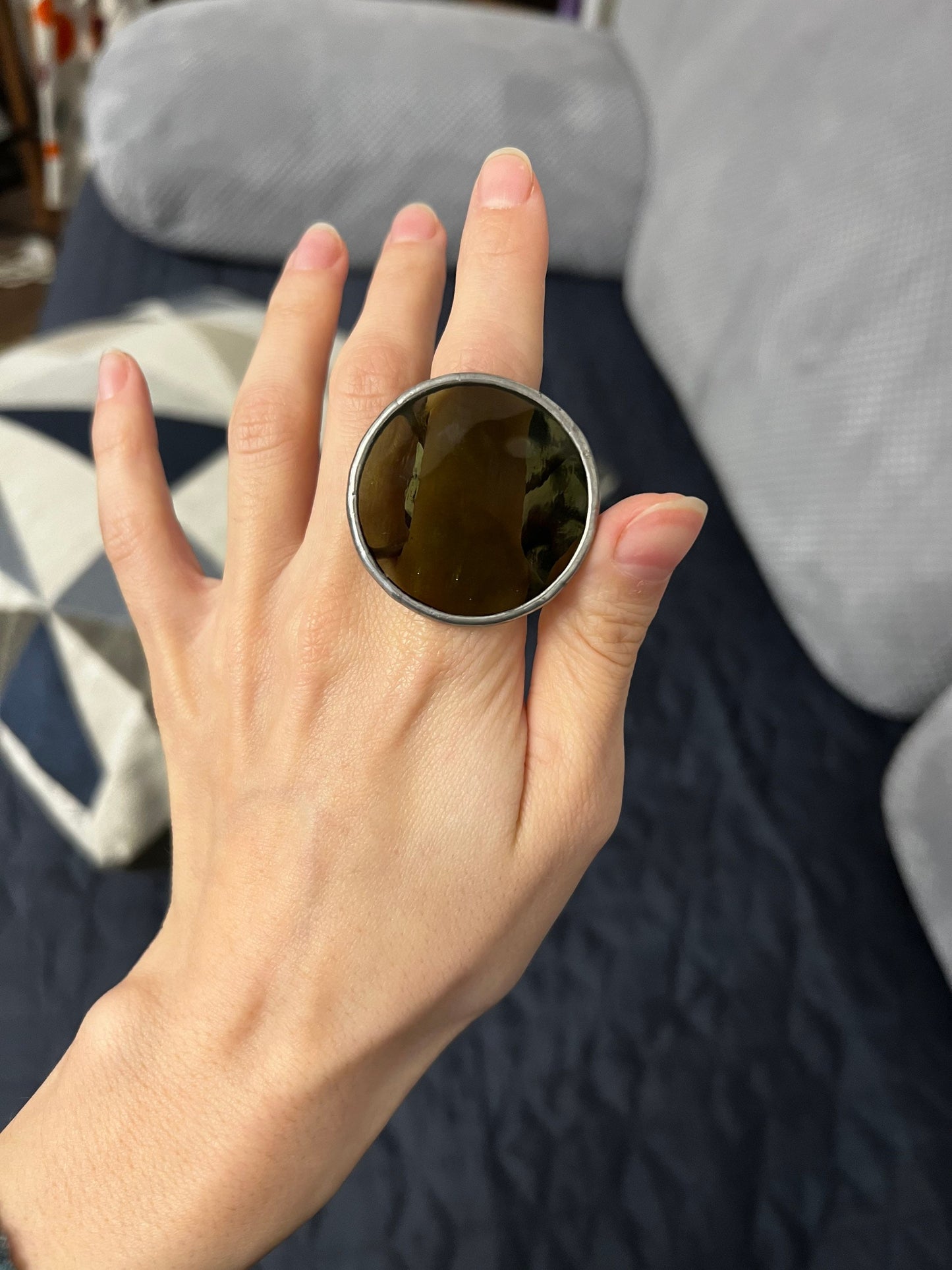 Khaki Green Disc Ring: Chunky See-Through Statement Ring