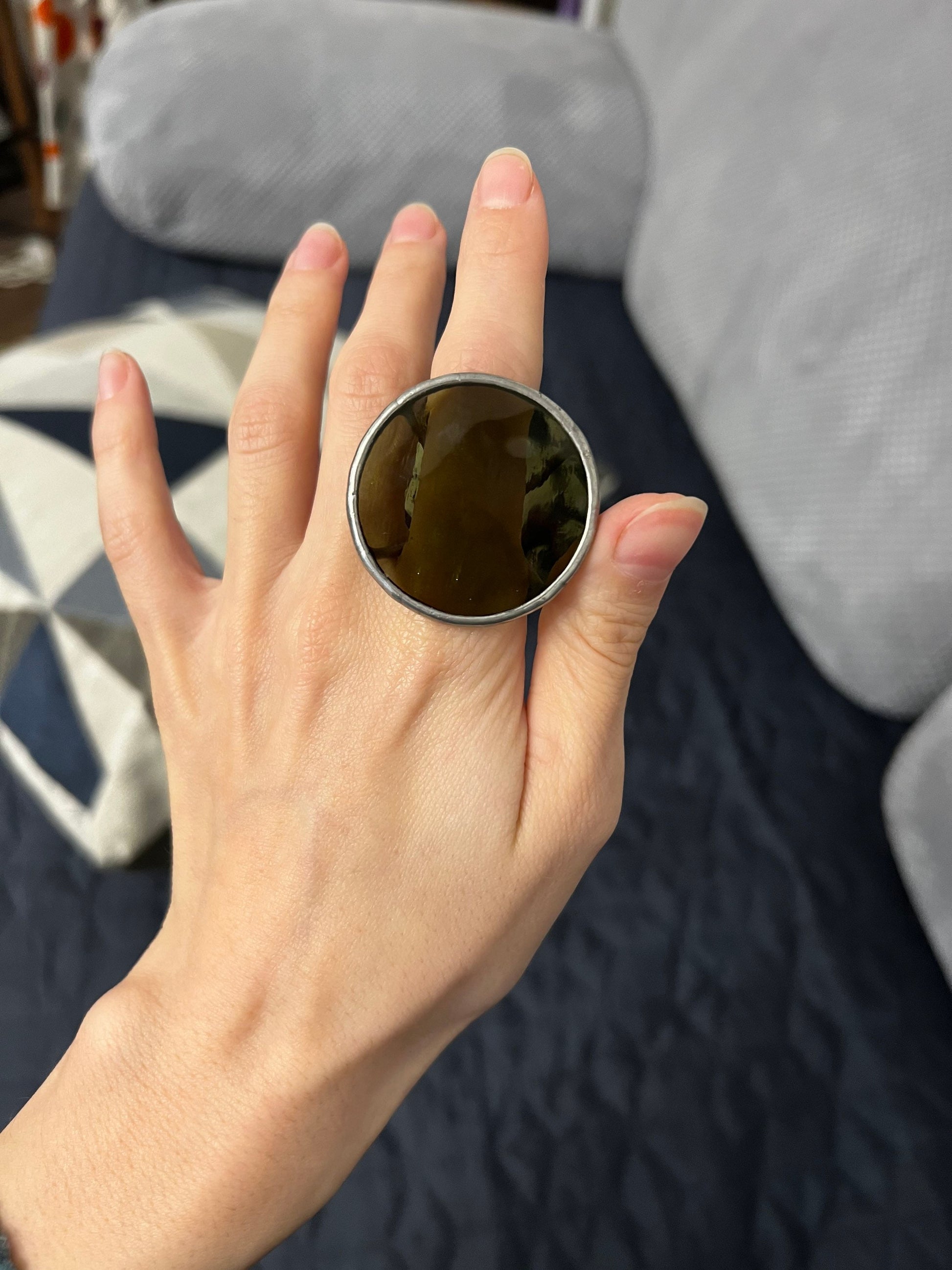 Khaki Green Disc Ring: Chunky See-Through Statement Ring