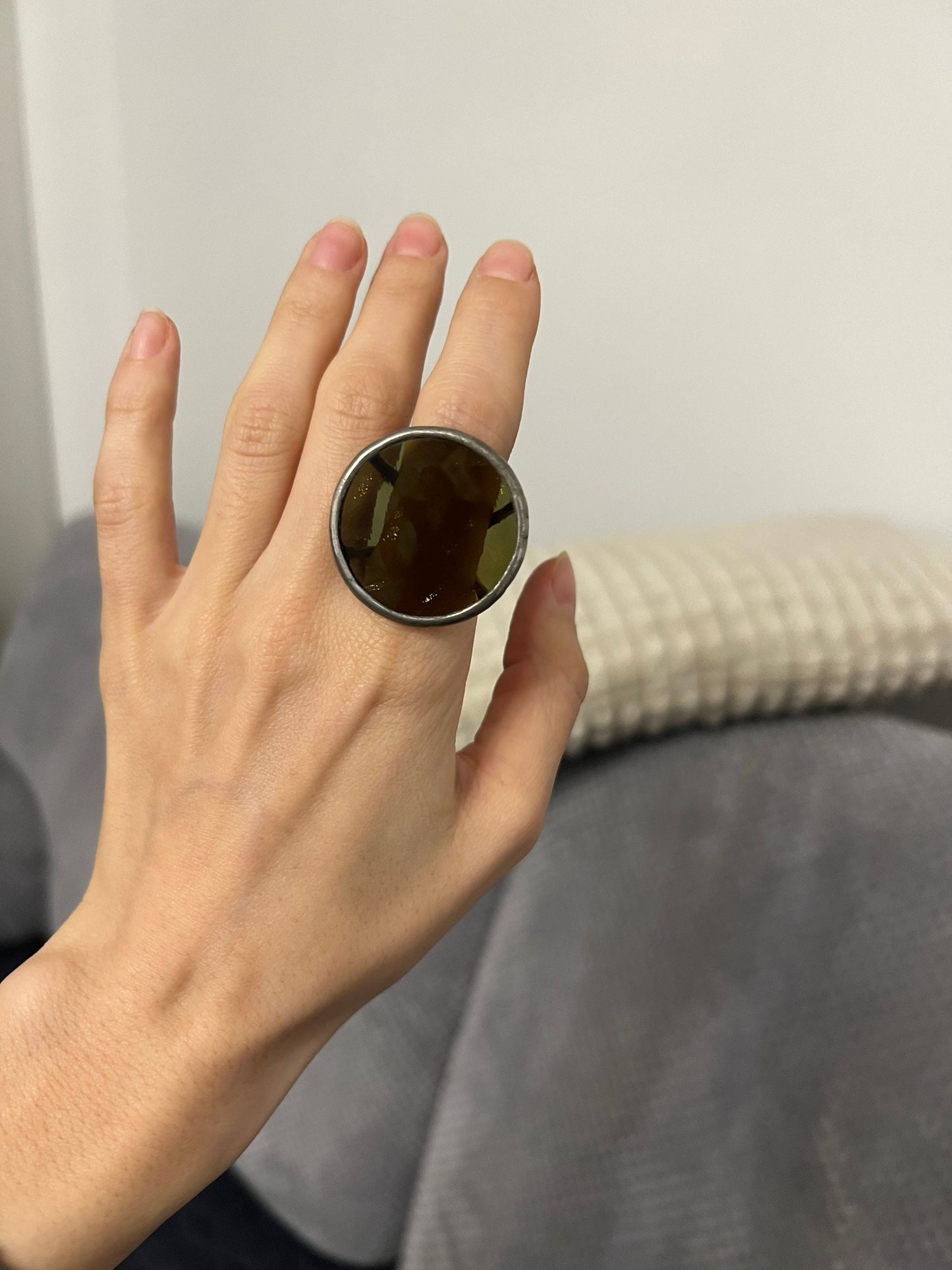 Khaki Green Disc Ring: Chunky See-Through Statement Ring