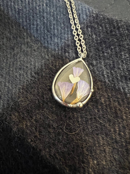 Natural dried flower heart pendant with purple petals