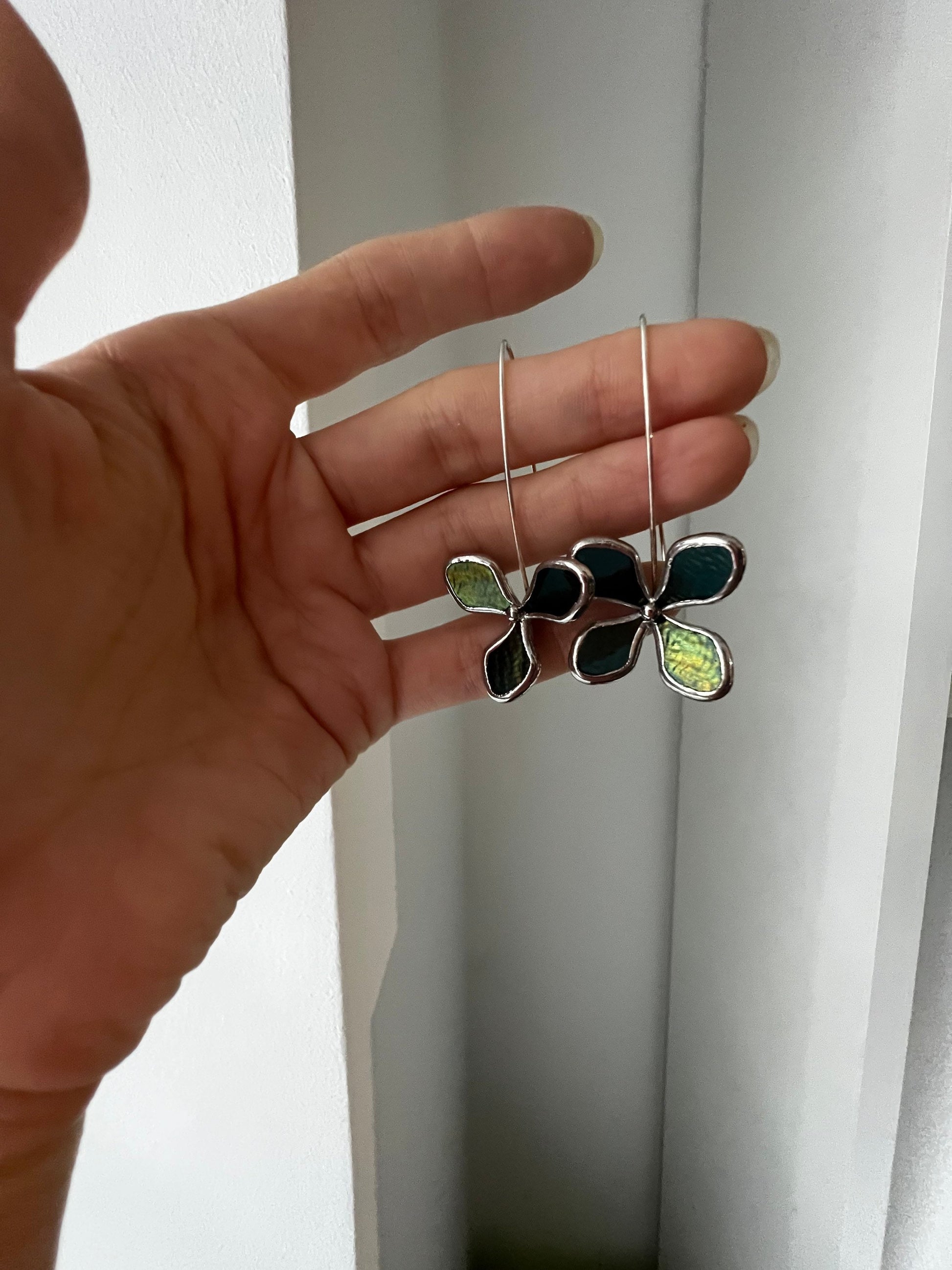 Stained Glass Hydrangea Earrings: Mismatched Botanical Dangle Jewelry