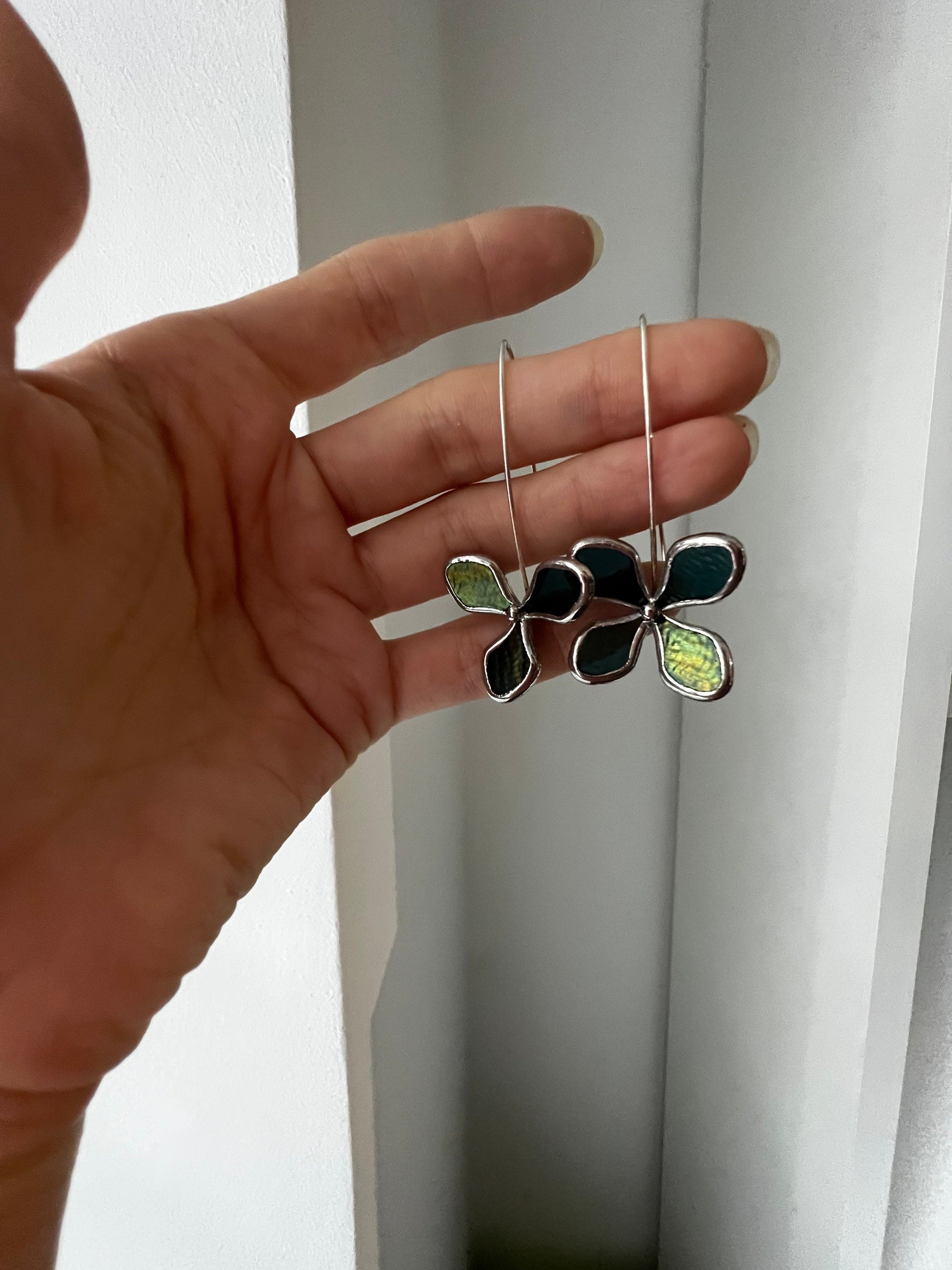 Statement stained glass earrings with four-petal flower design