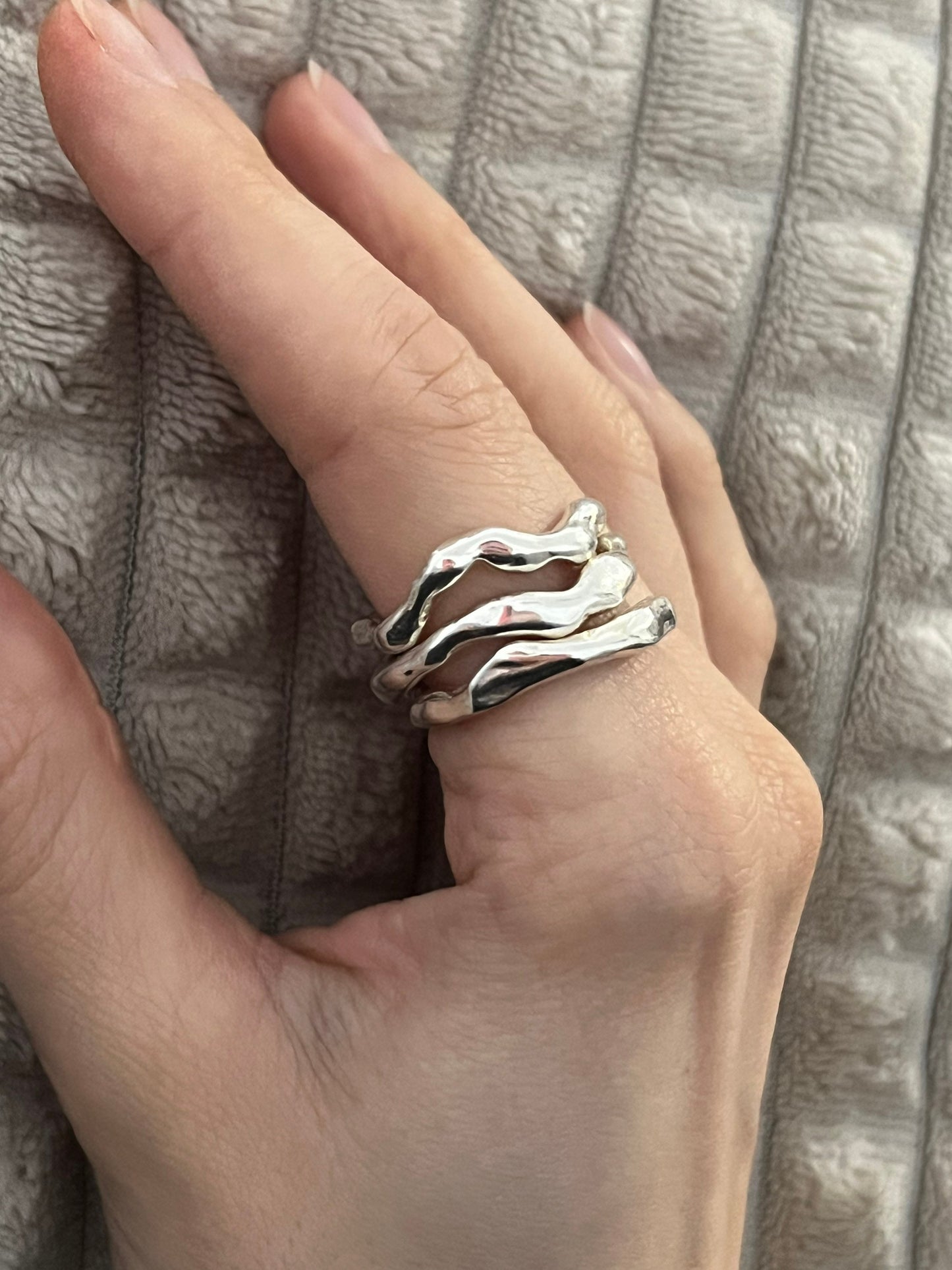 Polished silver statement rings set for woman Liquid silver ring Set of 3 melted silver stackable rings, Liquid Ring in Sterling Silver