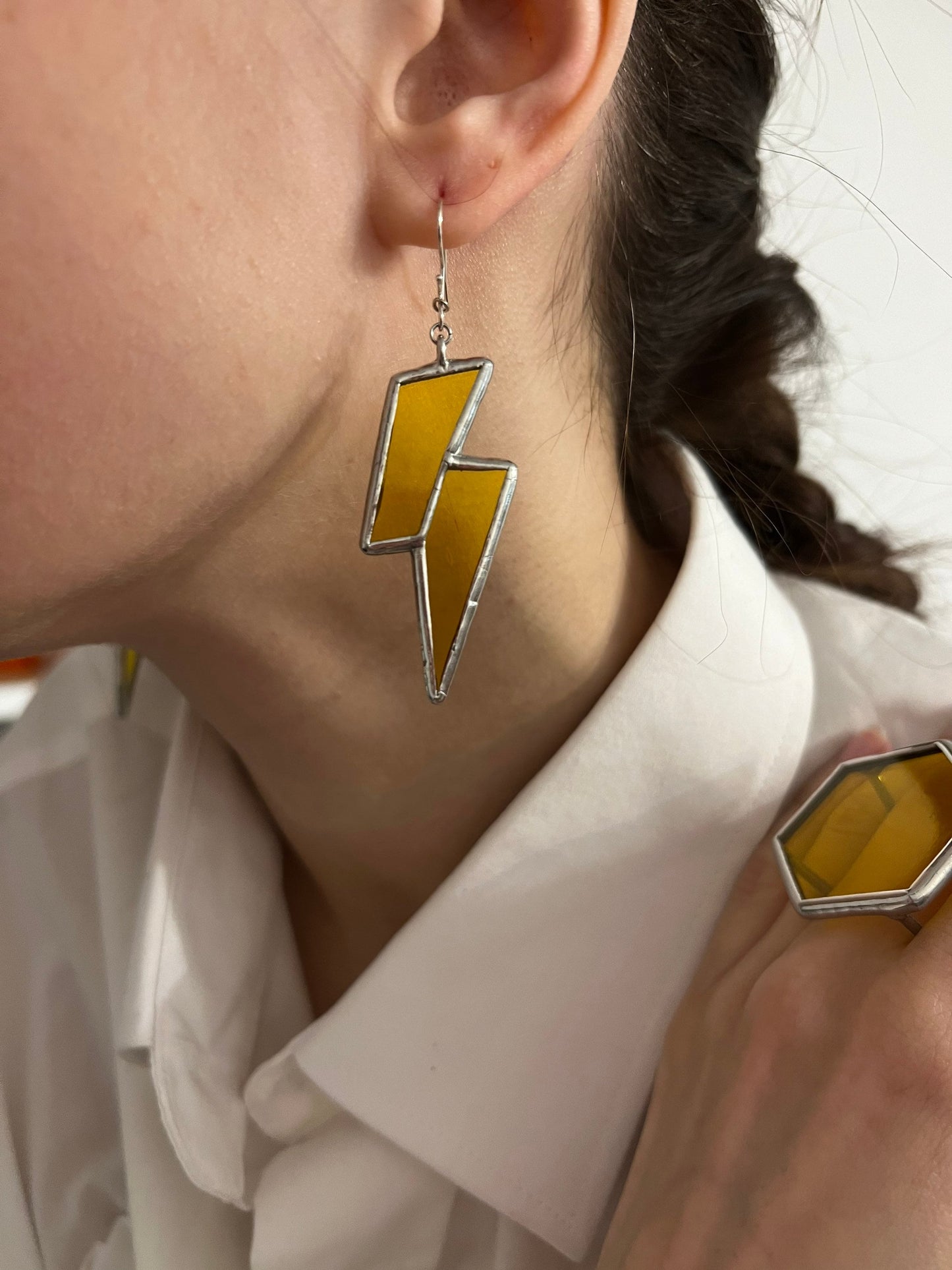 Yellow Stained Glass Lightning Bolt Earrings: Boho Festival Fashion