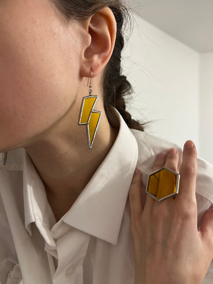 Stained Glass Honeycomb Ring: Geometric Pentagon Statement Jewelry