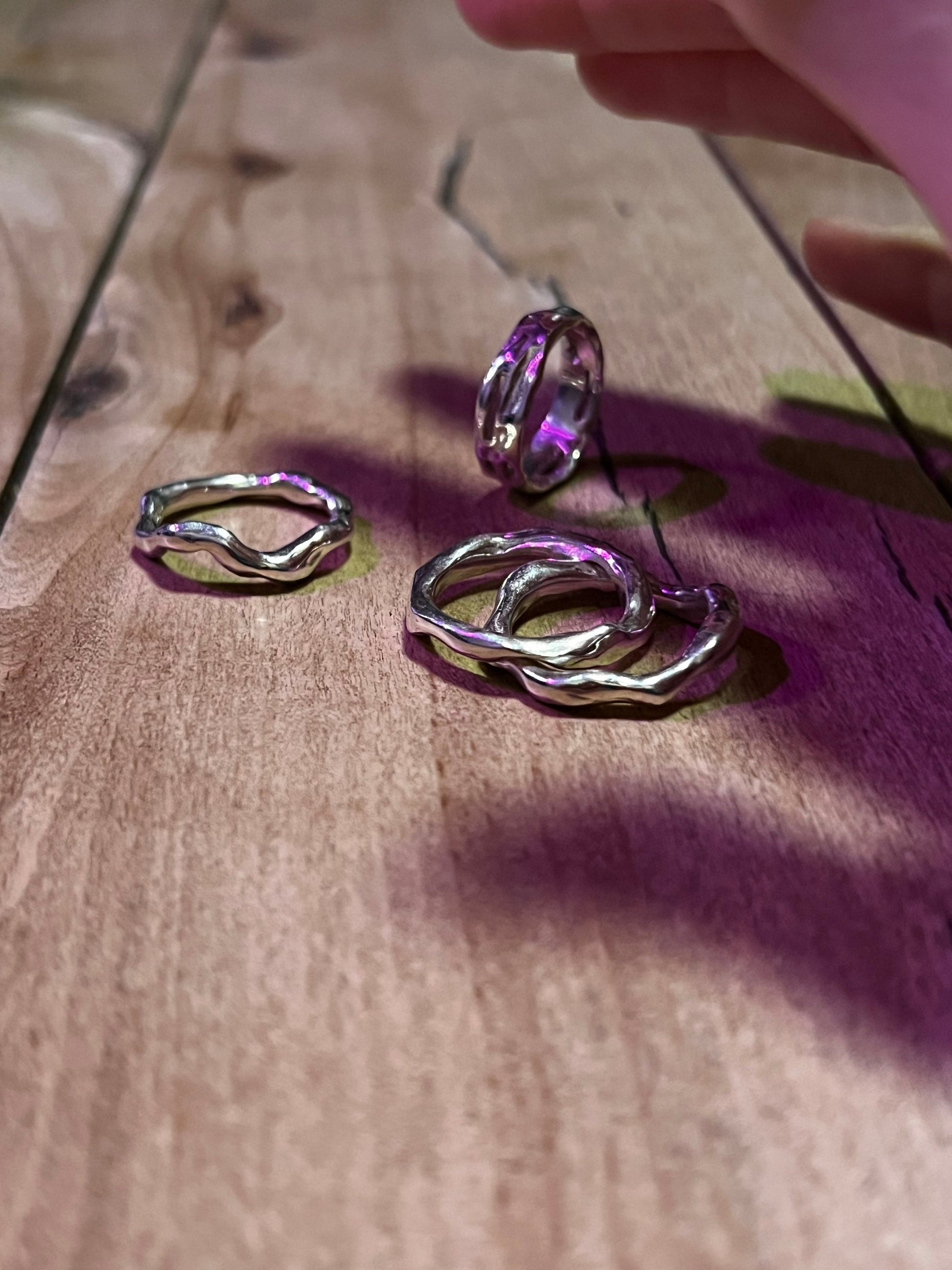 Unique set of rings with wavy molten design – handmade silver jewelry.