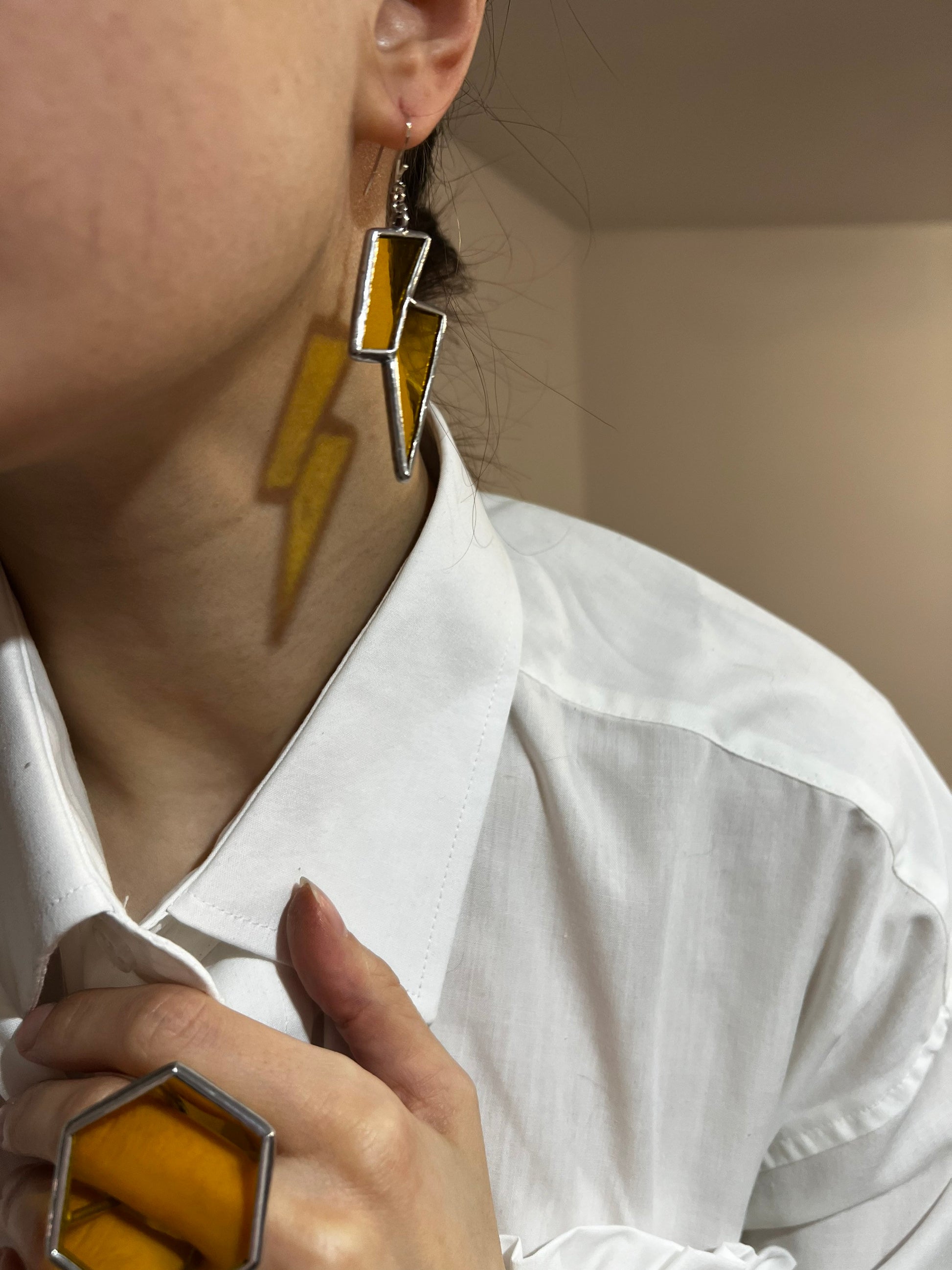 Yellow Stained Glass Lightning Bolt Earrings: Boho Festival Fashion