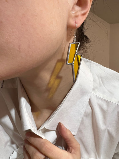 Yellow Stained Glass Lightning Bolt Earrings: Boho Festival Fashion