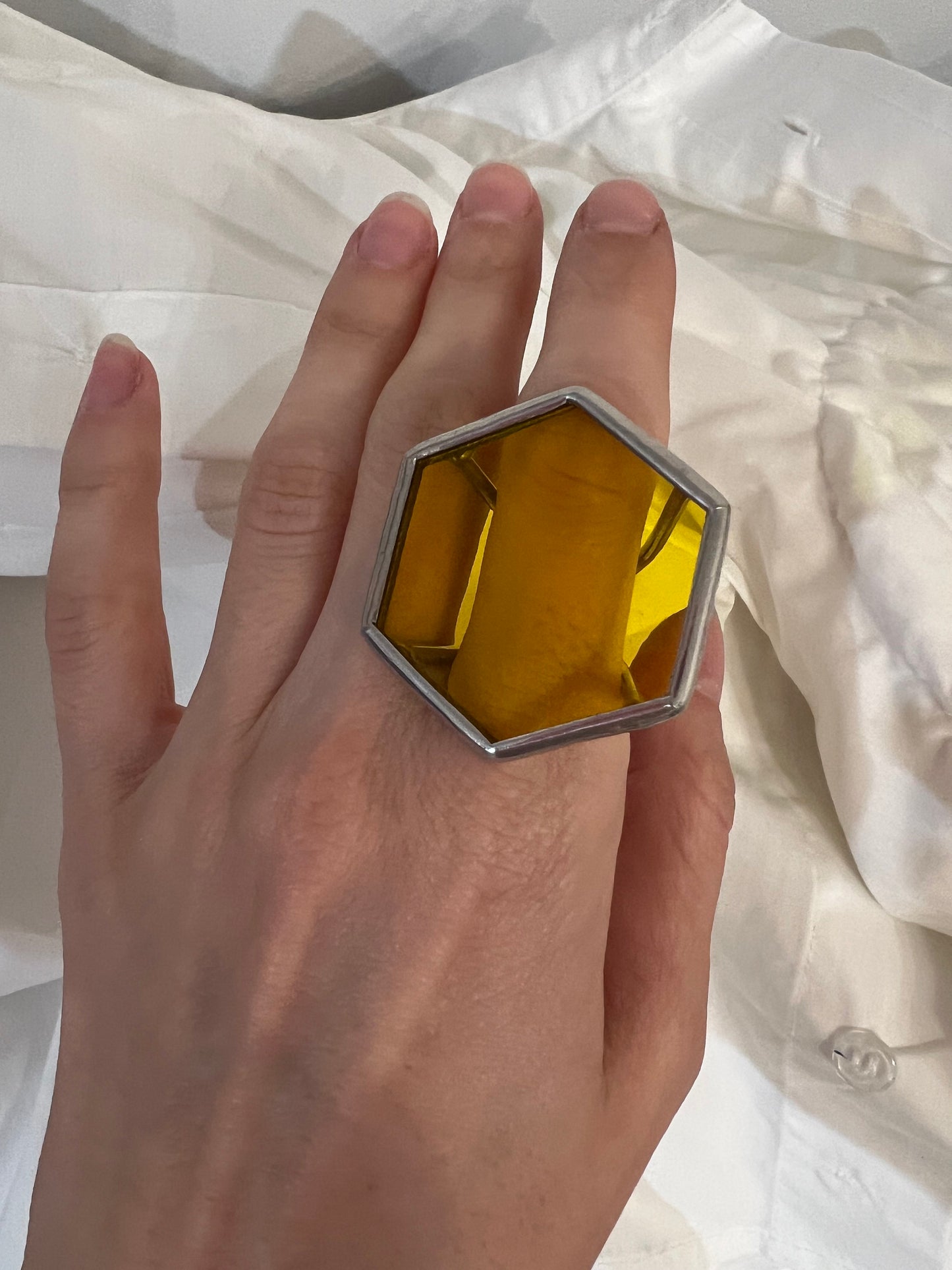 Stained Glass Honeycomb Ring: Geometric Pentagon Statement Jewelry