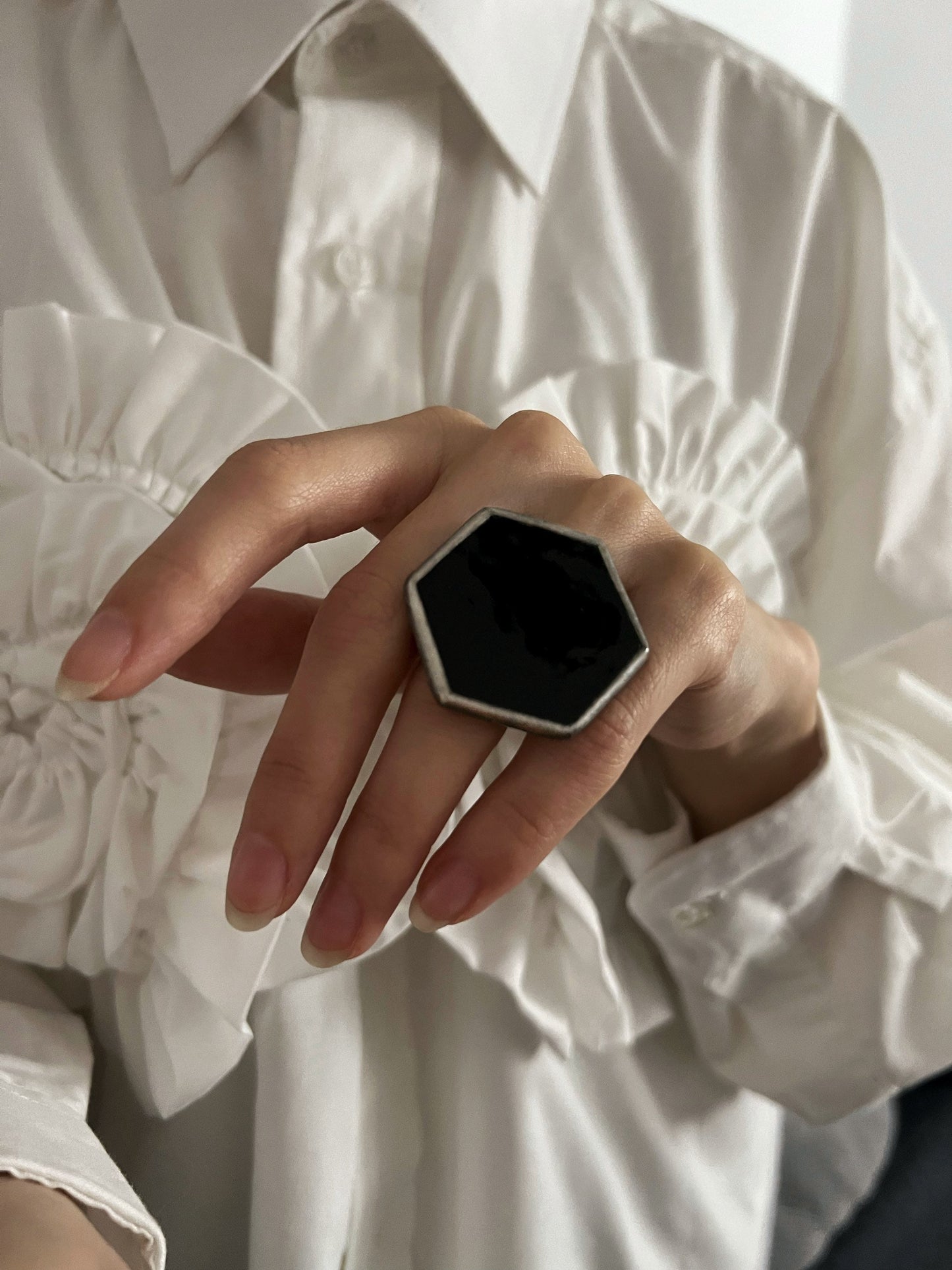 Stained glass large modern geometric ring, black hexagon ring, statement massive ring, chunky brutalist ring, birthday gift for her