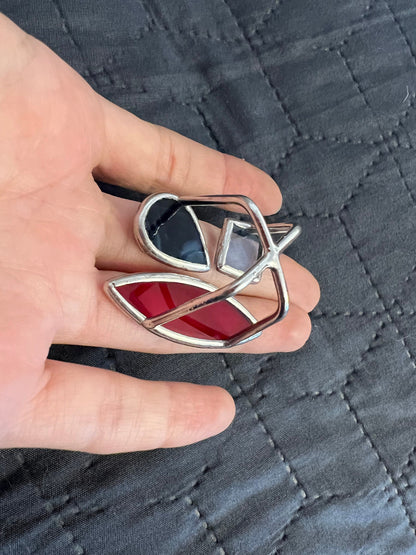 Handmade stained glass ring marquise red blue square and clear geometric design bold statement