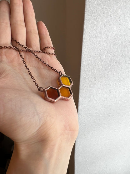 Stained glass honeycomb pendant silver tone finish