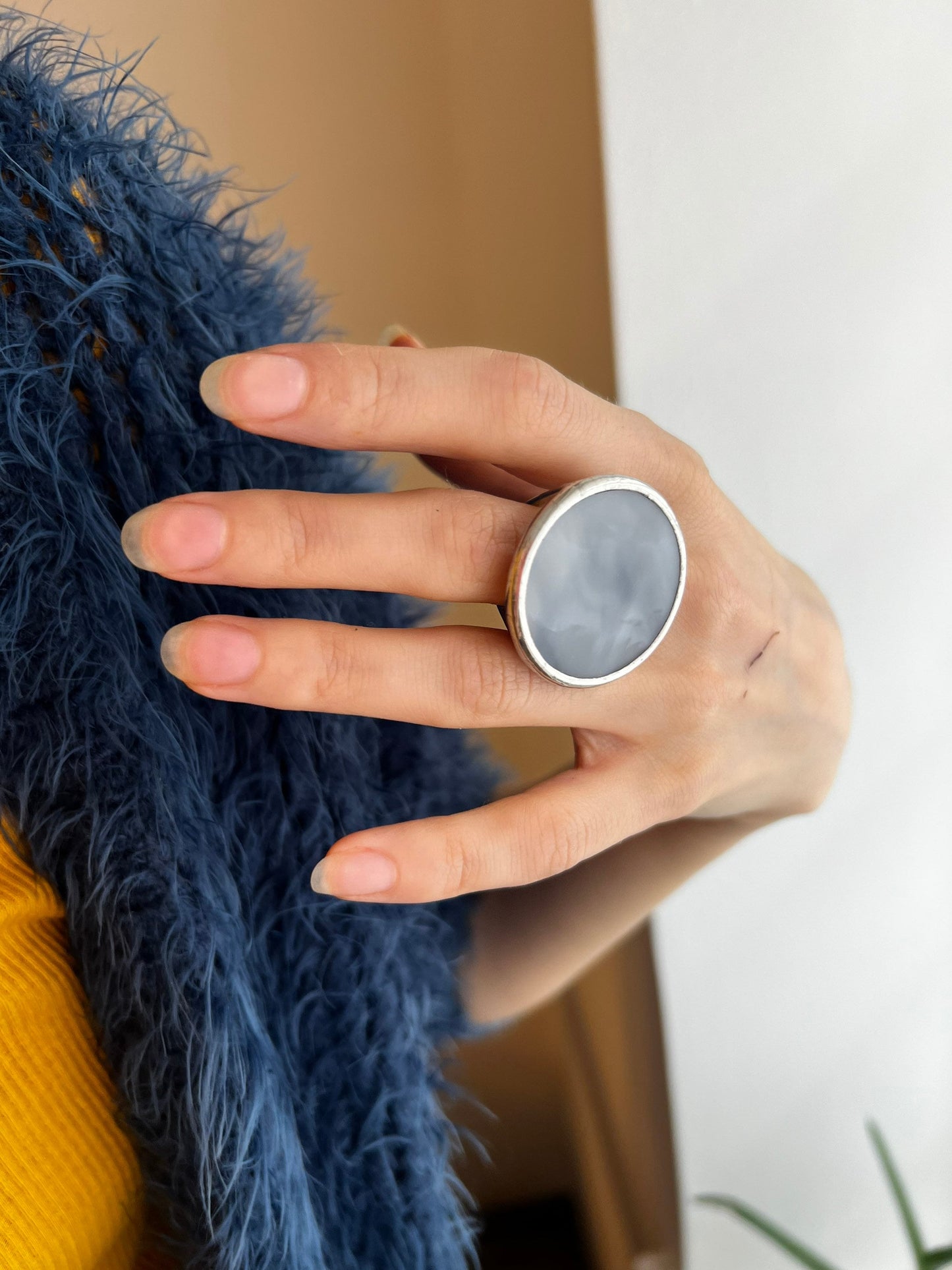 Handmade gray glass cocktail ring close up