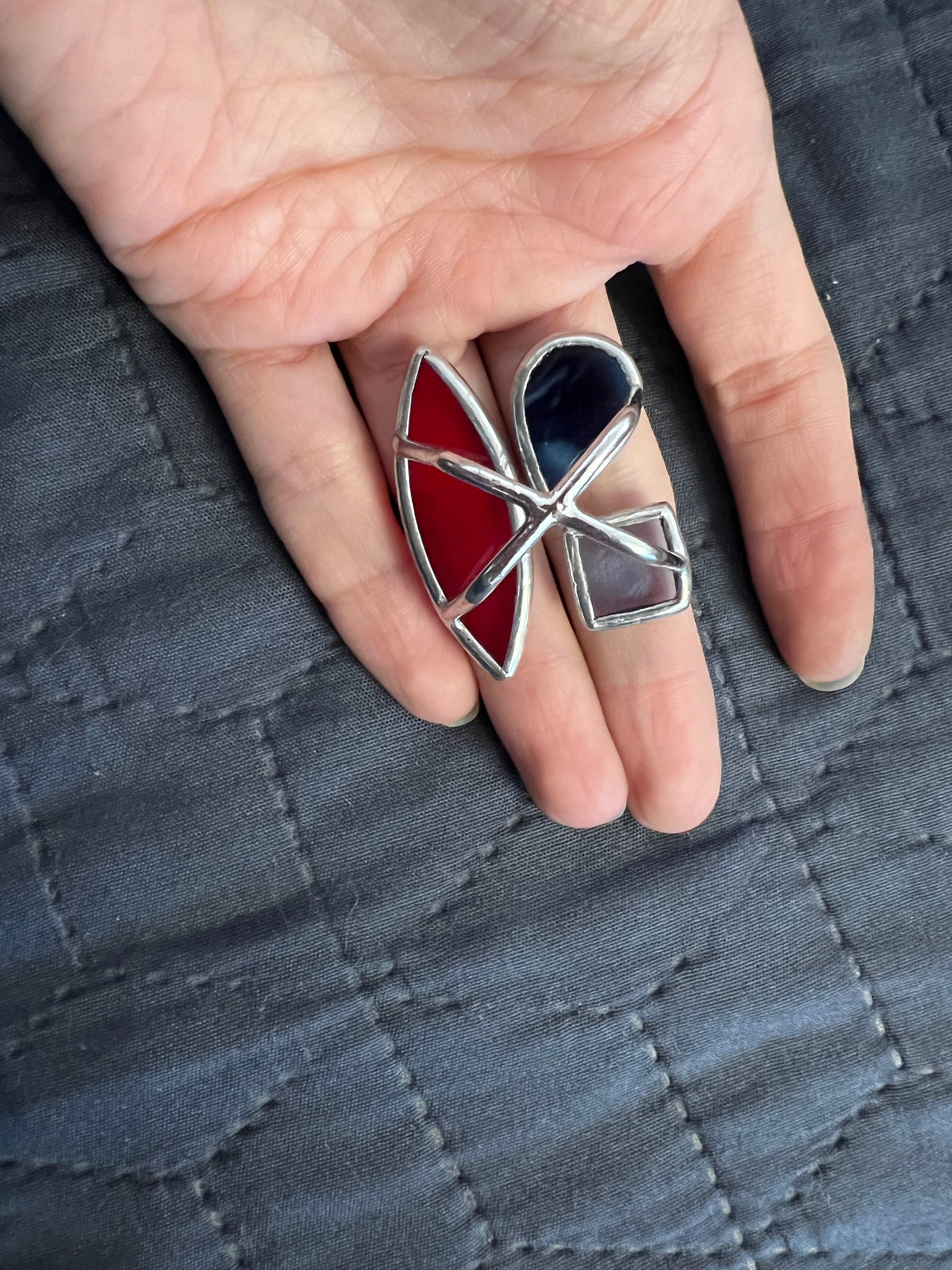 Handmade stained glass ring marquise red blue square and clear geometric design bold statement