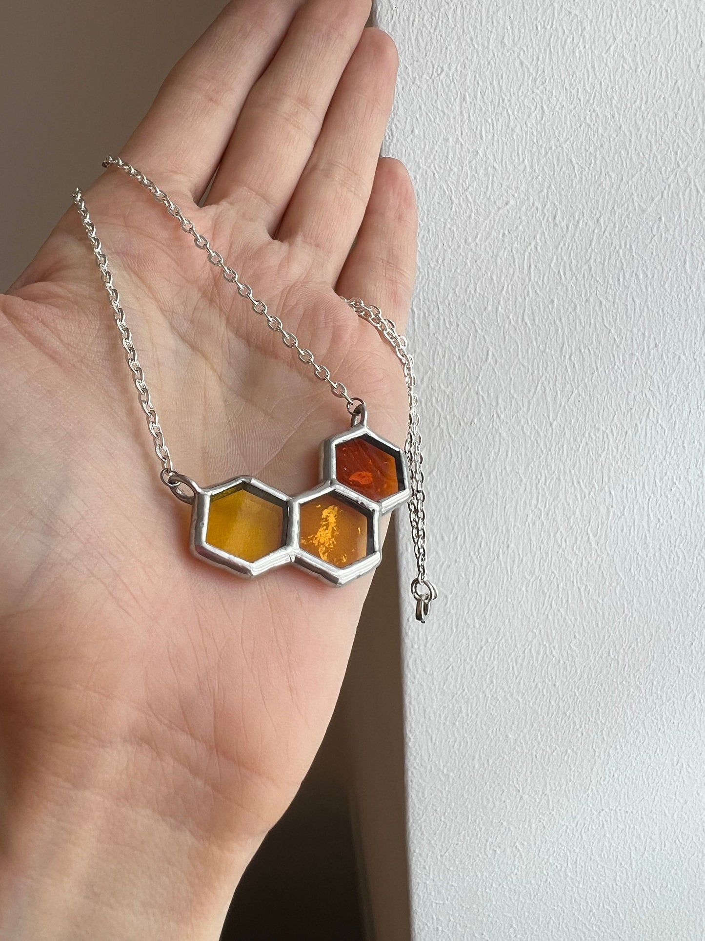 Geometric stained glass necklace hexagon design