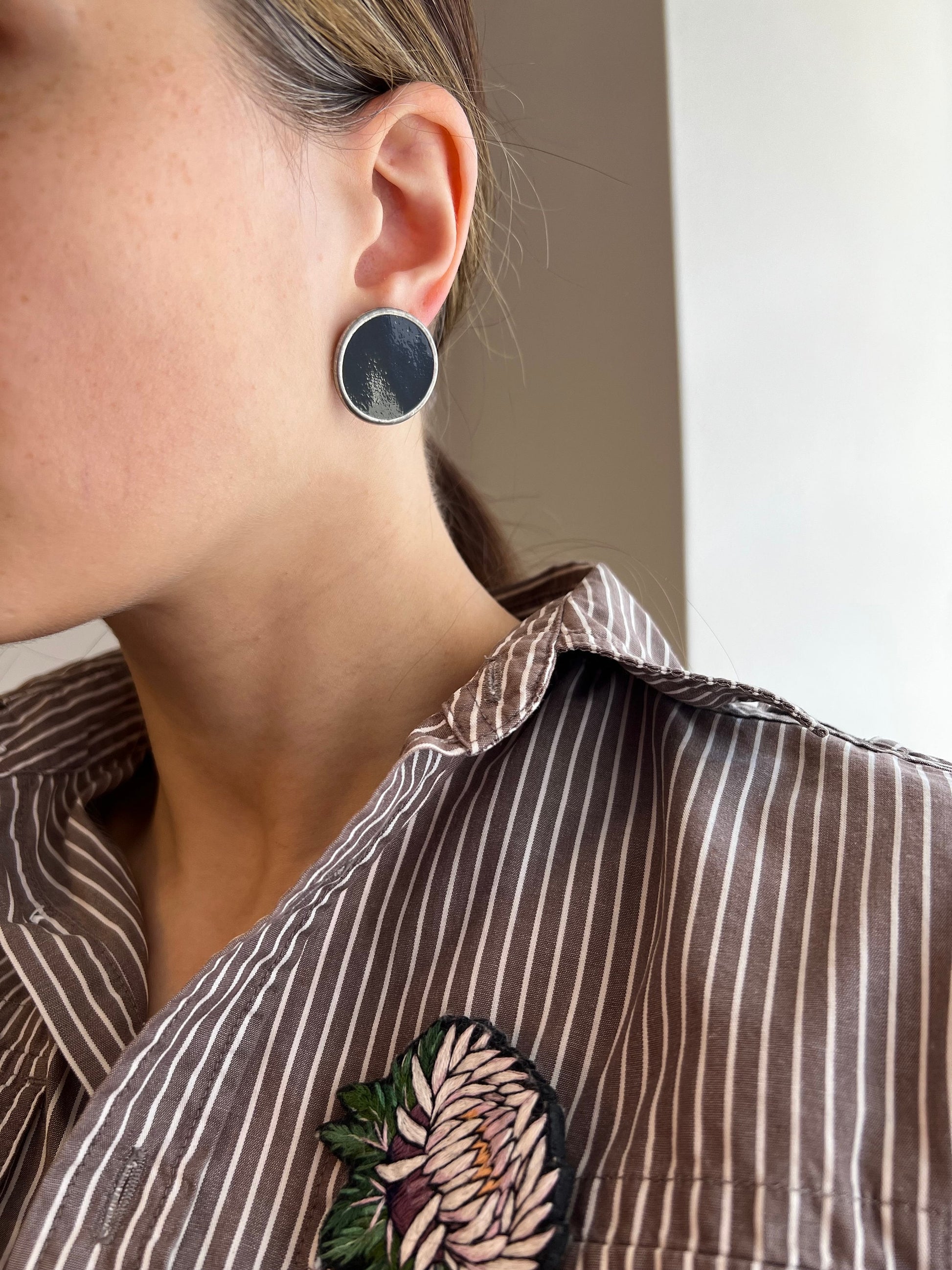 Black Round Stud Earrings: Large Silver Disc, Geometric Enamel Jewelry