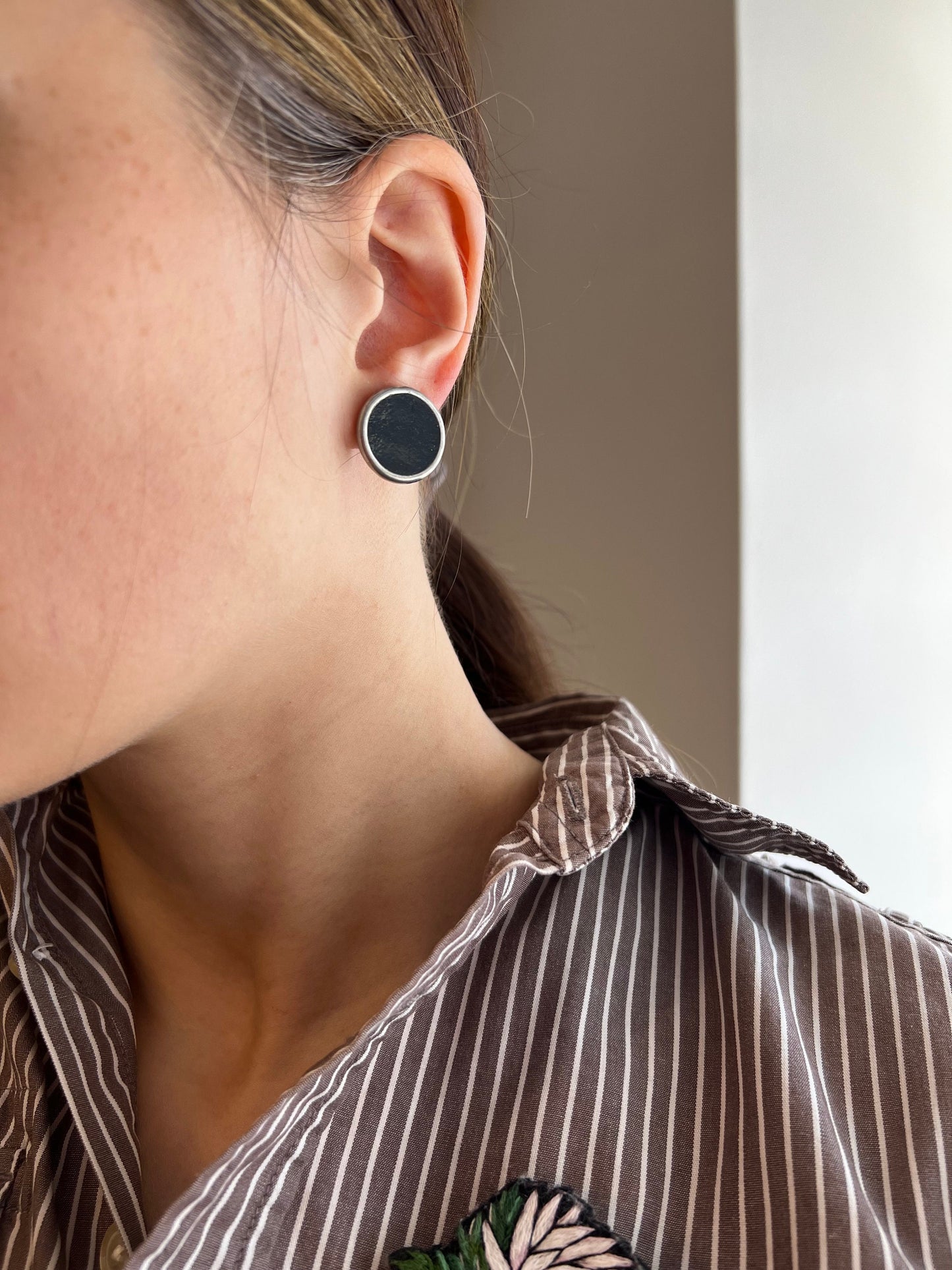 Large black circle stud earrings gothic minimalist style
