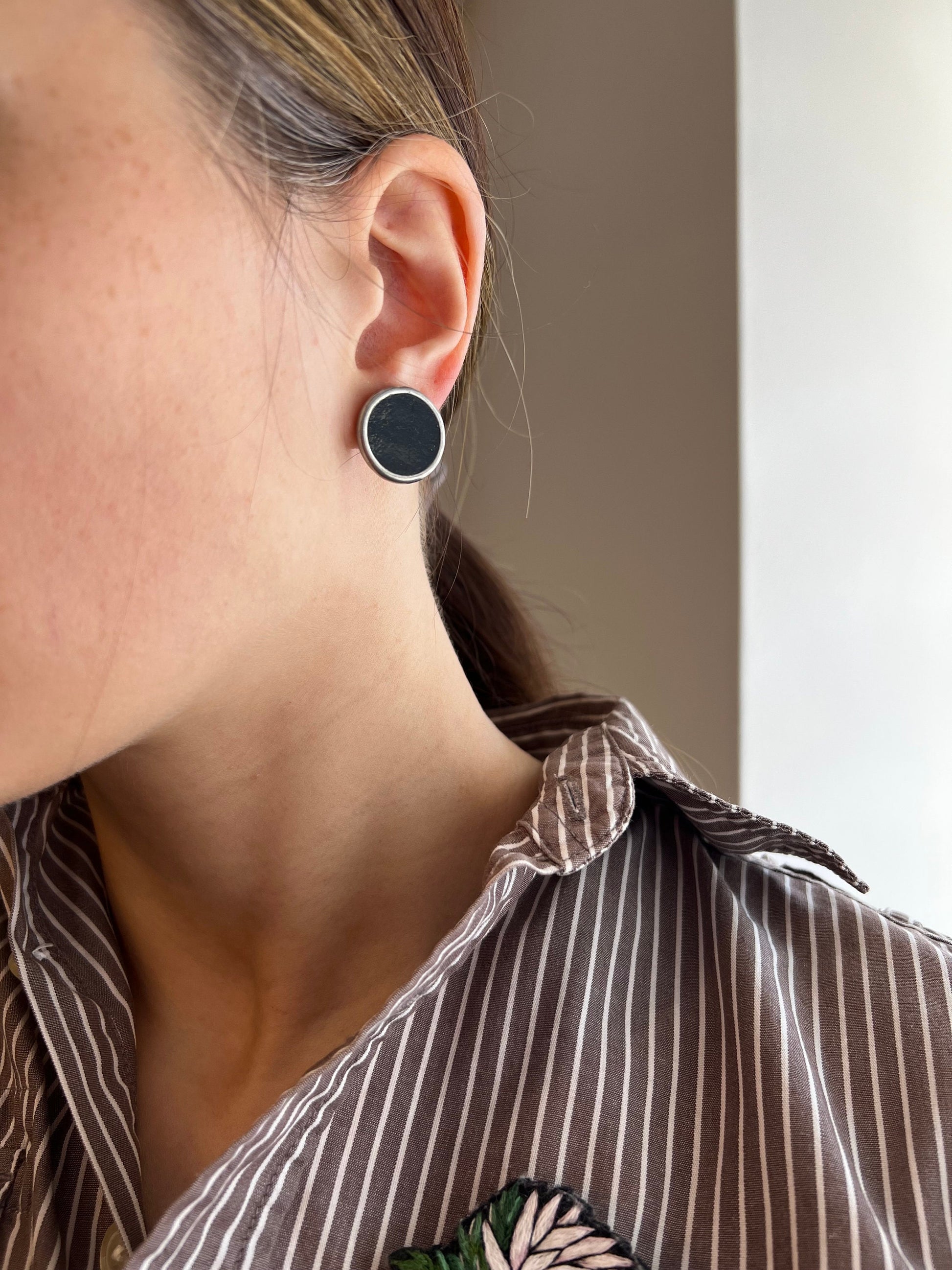 Large black circle stud earrings gothic minimalist style
