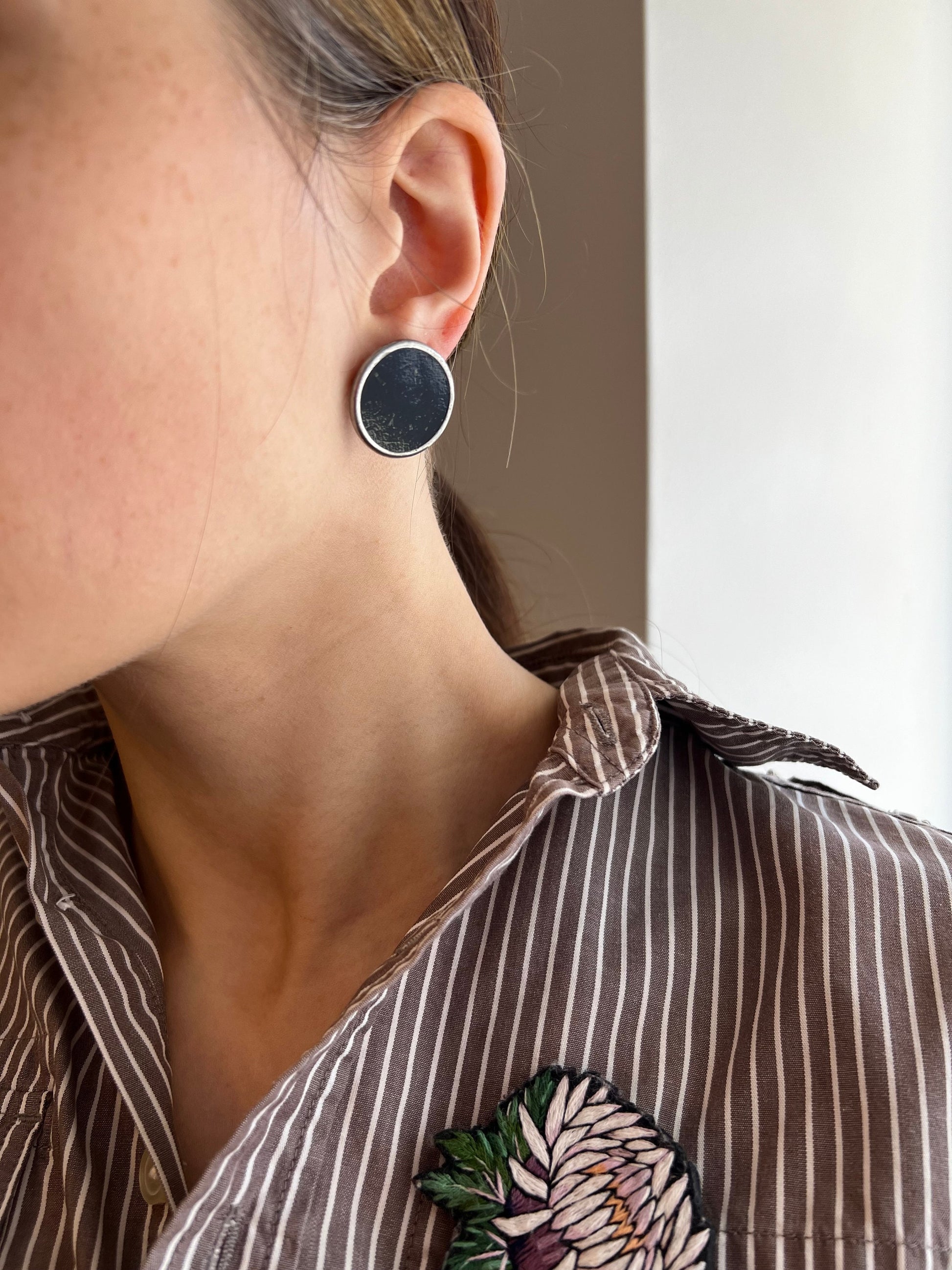 Black Round Stud Earrings: Large Silver Disc, Geometric Enamel Jewelry