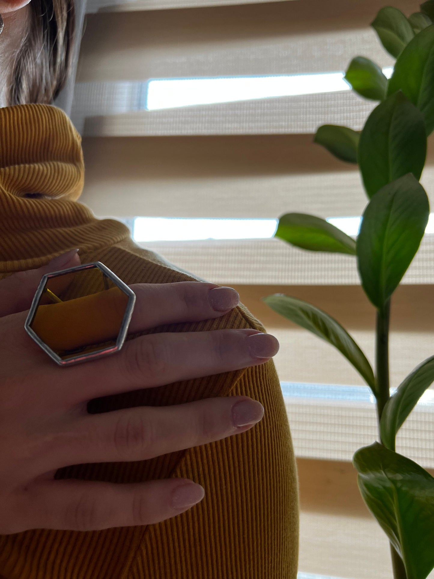 Stained Glass Honeycomb Ring: Geometric Pentagon Statement Jewelry