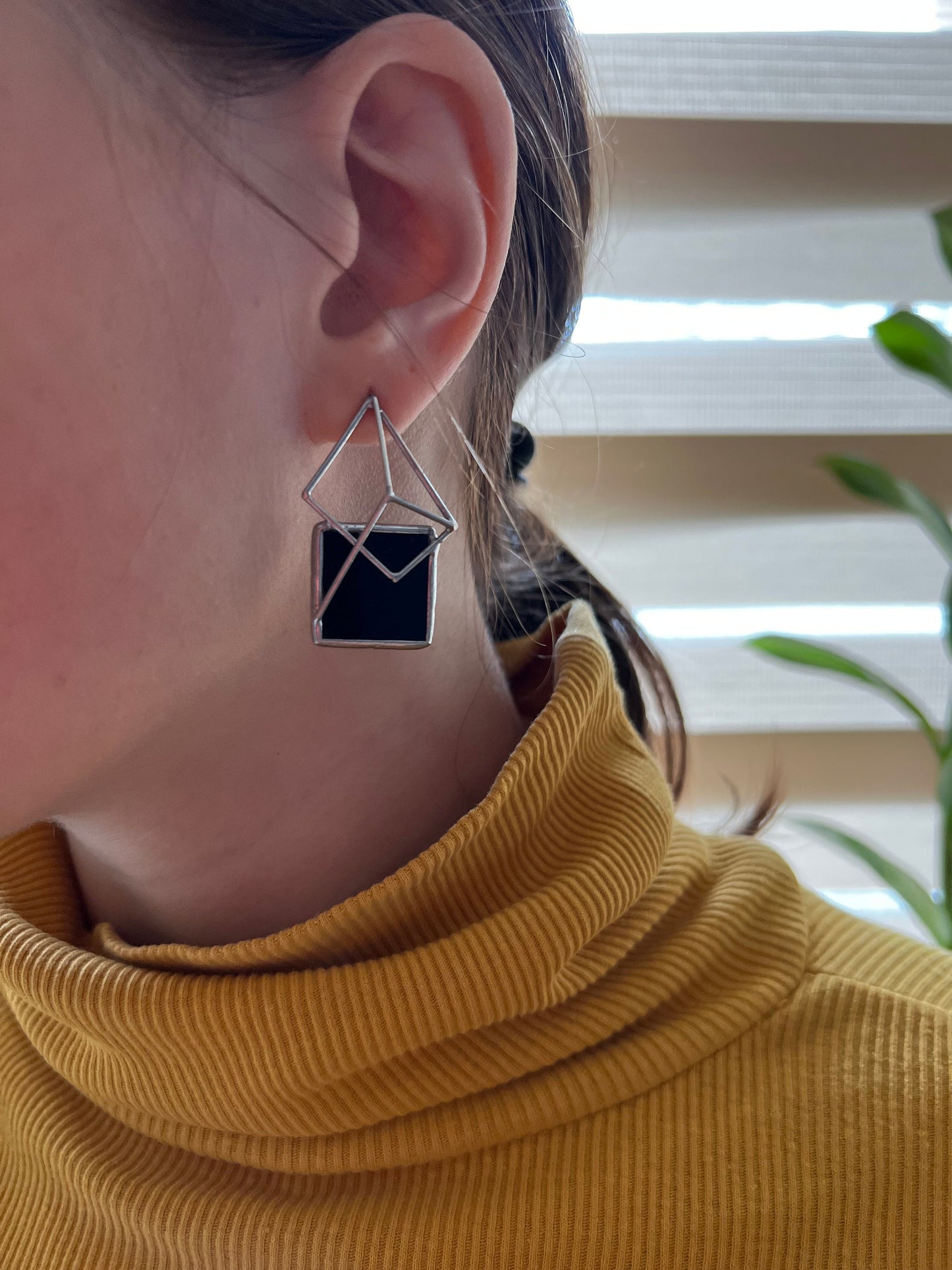 Geometric stereo metric 3d design Rocker Enamel silver Black square studs Pyramid earrings Minimalist hipster stud Cyber gothic jewelry